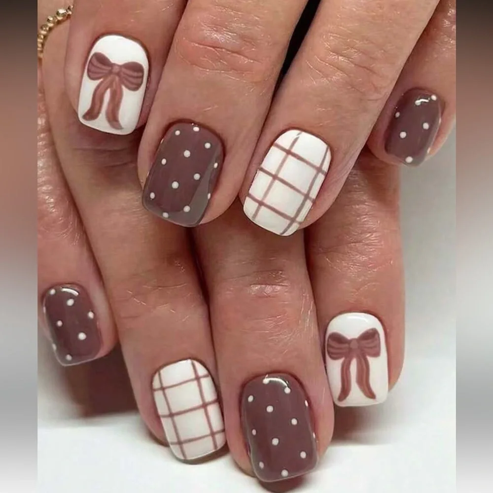 Coquette Glam Brown & White Polka Dot Press On Nail Set NEW 🏷️